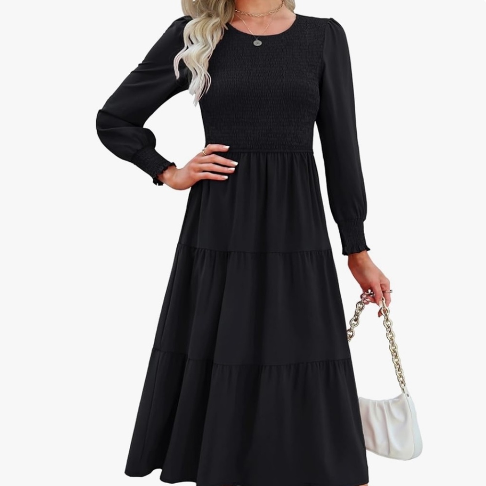New Women’s Smocked Bodice Dress Stretch Tiered Flowy Long Sleeve Black Large